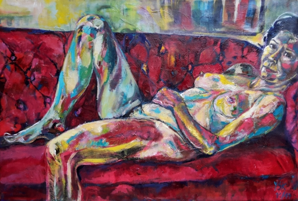 Sold! on the sofa, oil on canvas, 110X160cm- SOLD!