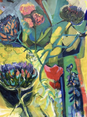 Artichokes in bloom, acrylic on canvas,140x100cm