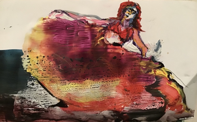 Flying skirt, encaustic and ink on paper