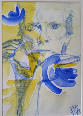 Bowie in yellow and blue, mixed media, 30X25cm