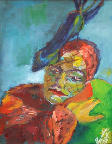 woman with shoe hat, oil on paper, 45X37cm