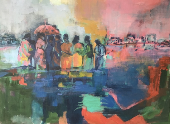 Women gathering at sundown, 60x80cm, acrylic on canvas
