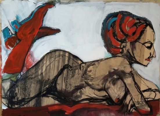 SOLD!red on nude, mixed media on paper, 54X73cm- SOLD!