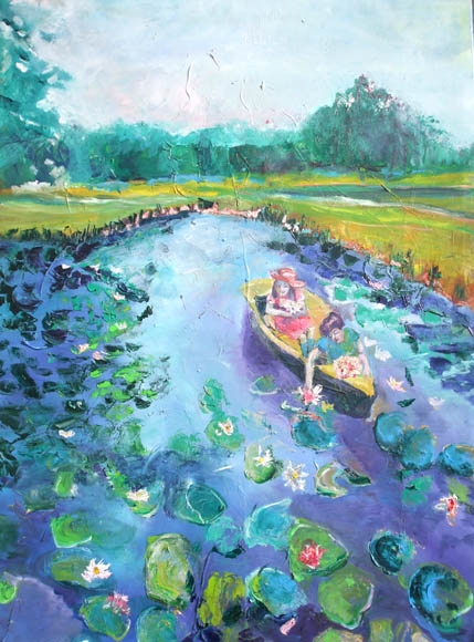 Collecting Lilies, oil on canvas,160 x 100 cm