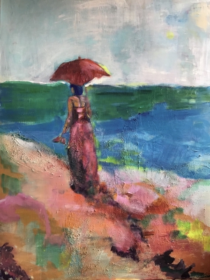 beach woman with red umbrella, 160X100cm