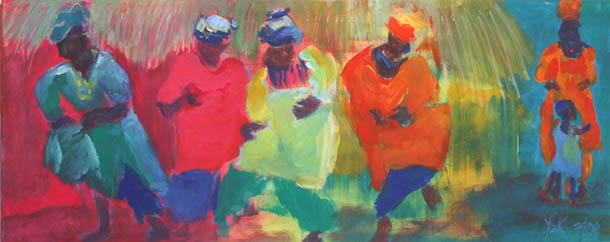 African Dancers, mixed media on canvas, 30 x 80 cm- SOLD!