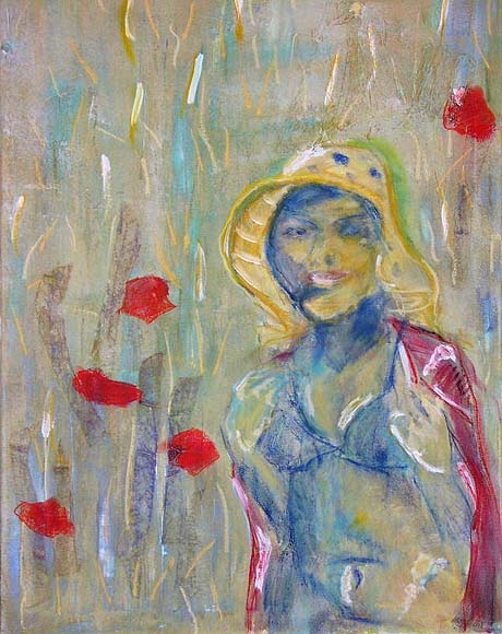 Girl in poppyfield, mixed media on canvas,60X40cm